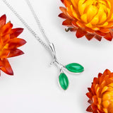 Simple Olive Leaf Branch Necklace in Silver and Green Onyx