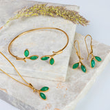 Simple Olive Leaf Branch Bangle in Silver with 24ct Gold  and Green Onyx