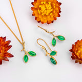 Simple Olive Leaf Branch Hook Earrings in Silver with 24ct Gold & Green Onyx