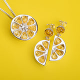 Lemon Slice Fruit Necklace in Silver and Yellow Amber