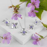 Small Lilac Flower Stud Earrings in Silver & Tanzanite