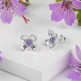 Small Lilac Flower Stud Earrings in Silver & Tanzanite