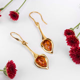 Lily Flower Drop Earrings in Silver with 24ct Gold & Amber