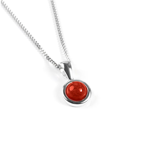 Round Charm Necklace in Silver and Red Coral