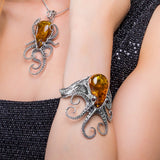 Handmade Striking Octopus Bangle in Silver and Amber