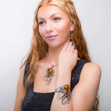 Handmade Striking Octopus Bangle in Silver and Amber