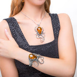 Handmade Striking Octopus Bangle in Silver and Amber