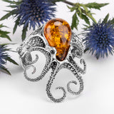 Handmade Striking Octopus Bangle in Silver and Amber