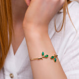 Simple Olive Leaf Branch Bangle in Silver with 24ct Gold  and Green Onyx