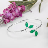 Simple Olive Leaf Branch Bangle in Silver and Green Onyx