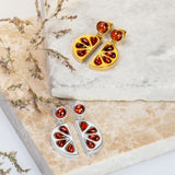 Orange Slice Fruit Drop Earrings in Silver with 24ct Gold and Cognac Amber