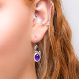 Leaf Motif Hook Earrings in Silver & Amethyst