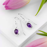 Leaf Motif Hook Earrings in Silver & Amethyst
