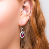 Leaf Motif Hook Earrings in Silver & Garnet
