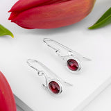 Leaf Motif Hook Earrings in Silver & Garnet