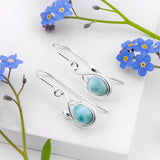 Leaf Motif Hook Earrings in Silver and Larimar