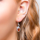 Leaf Motif Hook Earrings in Silver and Cognac Amber