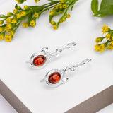 Leaf Motif Hook Earrings in Silver and Cognac Amber