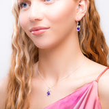 Leaf Motif Hook Earrings in Silver & Amethyst