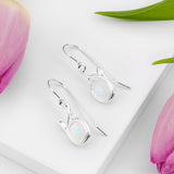 Leaf Motif Hook Earrings in Silver and Moonstone
