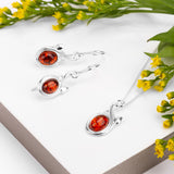 Leaf Motif Hook Earrings in Silver and Cognac Amber