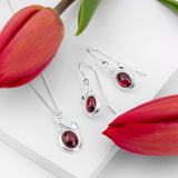 Leaf Motif Hook Earrings in Silver & Garnet