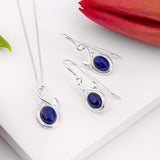 Leaf Motif Hook Earrings in Silver & Lapis Lazuli
