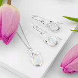 Leaf Motif Hook Earrings in Silver and Moonstone