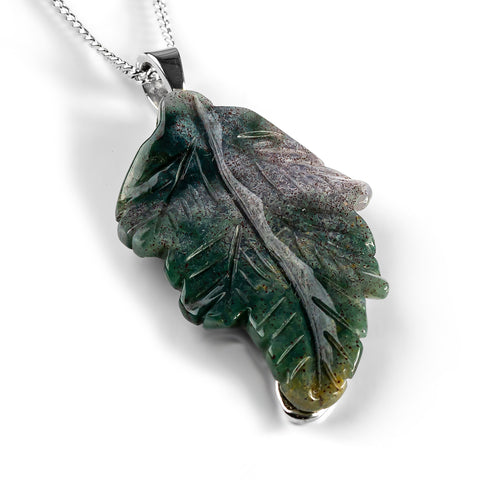 Hand Carved Moss Agate Leaf Necklace - Natural Designer Gemstone