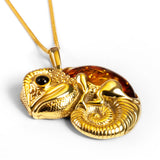 Large Chameleon Necklace in Sterling Silver with 24ct Gold & Amber