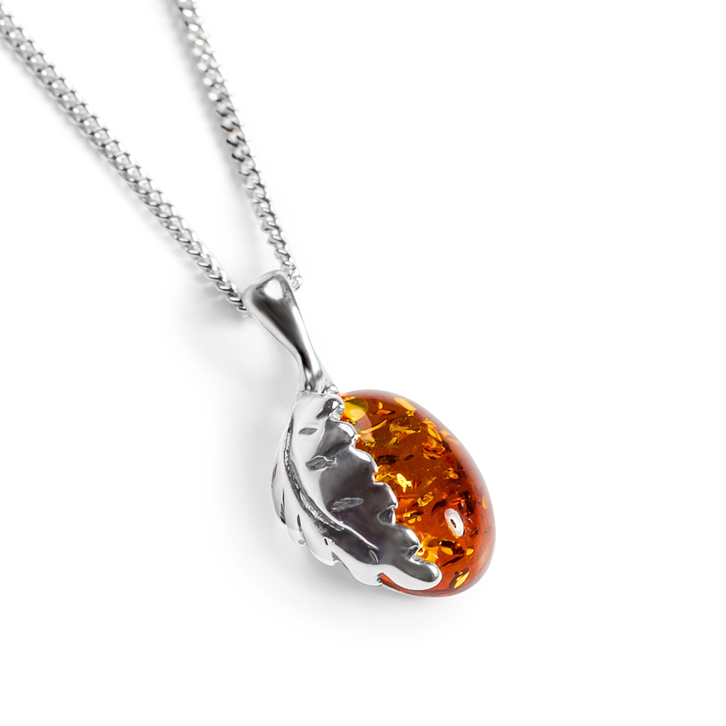 Mighty Oak Leaf Necklace in Silver with 24ct Gold and Amber