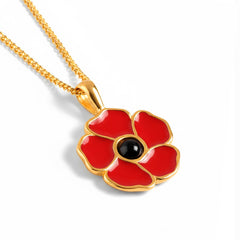 Hand-Painted Poppy Flower Necklace in Silver with 24ct Gold and Amber