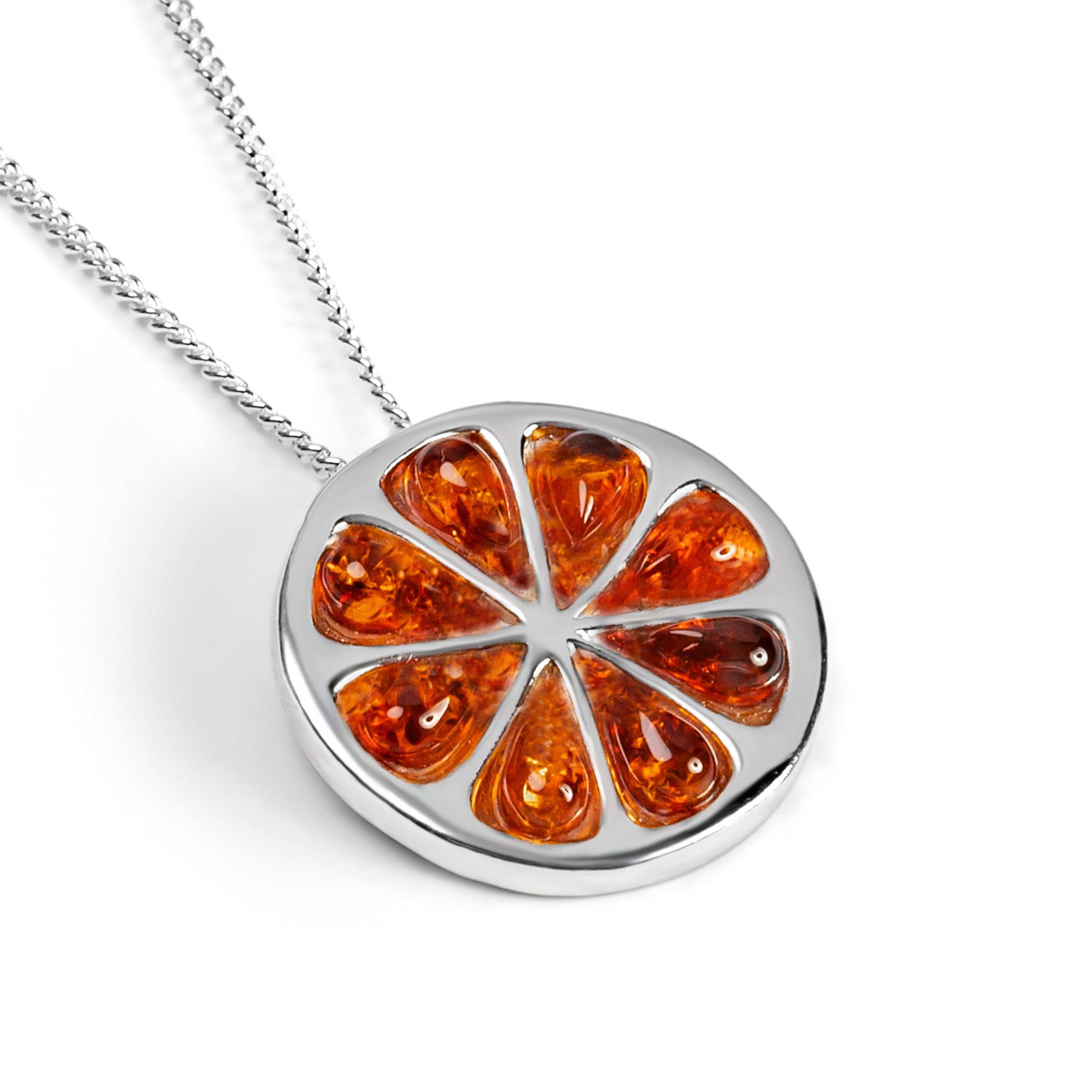 Orange Slice Fruit Necklace in Silver with 24ct Gold and Cognac Amber