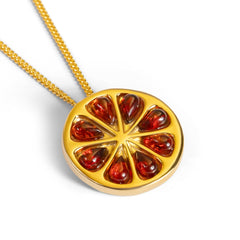 Orange Slice Fruit Necklace in Silver with 24ct Gold and Cognac Amber