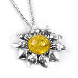 Blooming Sunflower Necklace in Silver and Yellow Amber