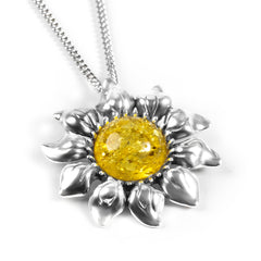 Blooming Sunflower Necklace in Silver and Yellow Amber