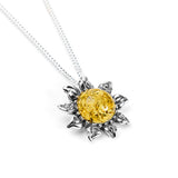 Small Sunflower Necklace in Silver and Yellow Amber