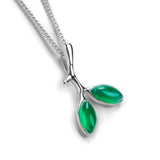 Simple Olive Leaf Branch Necklace in Silver with 24ct Gold & Green Onyx