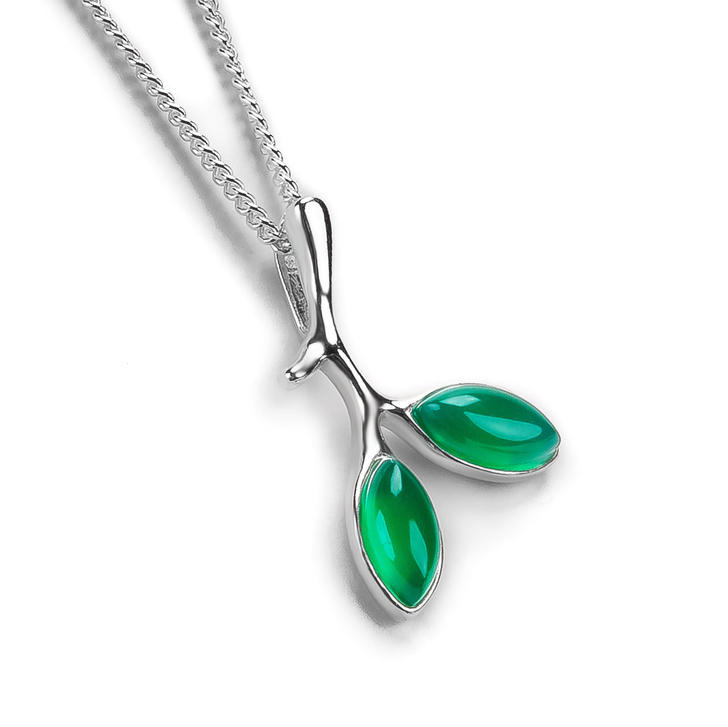 Simple Olive Leaf Branch Necklace in Silver with 24ct Gold & Green Onyx
