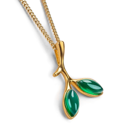 Simple Olive Leaf Branch Necklace in Silver with 24ct Gold & Green Onyx