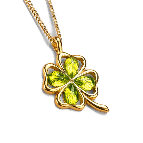Lucky Four Leaf Clover Necklace in Silver with 24ct Gold & Peridot