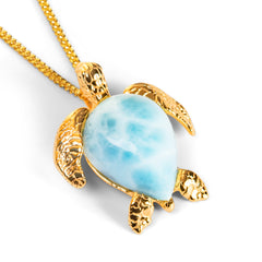 Sea Turtle Necklace in Silver with 24ct Gold and Larimar