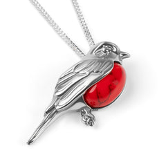 Large Winter Robin Necklace in Silver and Coral