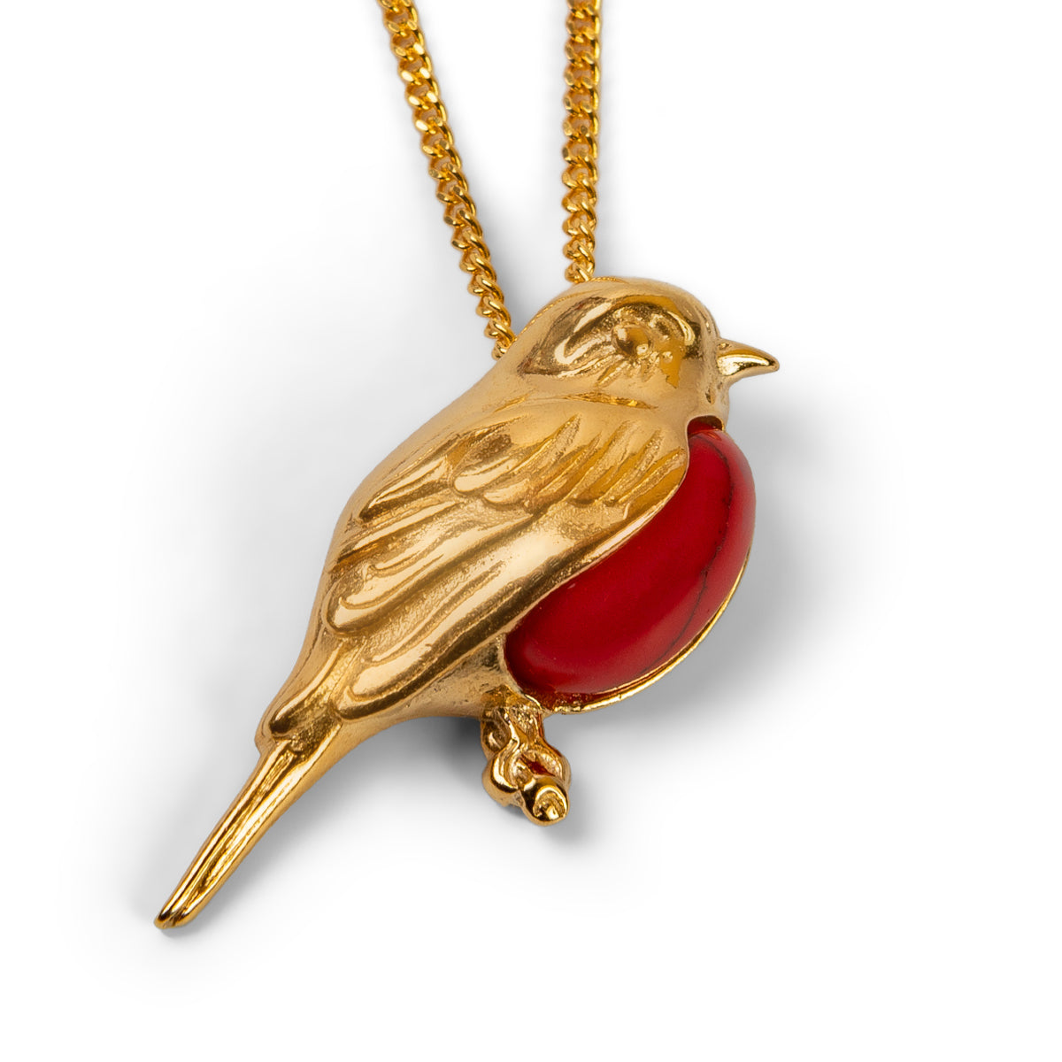 Large Winter Robin Necklace in Silver and Coral