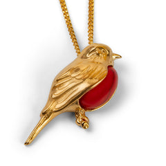Large Winter Robin Necklace in Silver with 24ct Gold and Coral