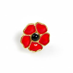 Hand-Painted Poppy Flower Pin in Silver with 24ct Gold and Amber