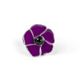 Hand-Painted Purple Poppy Flower Pin in Silver and Amber