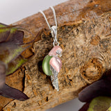 Tropical Pink and Green Parrot Necklace in Silver
