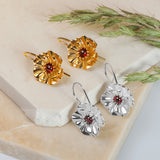 Poppy Flower Drop Earrings in Silver with 24ct Gold and Garnet
