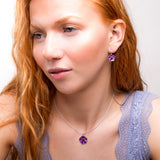 Hand-Painted Purple Poppy Drop Earrings in Silver and Amber